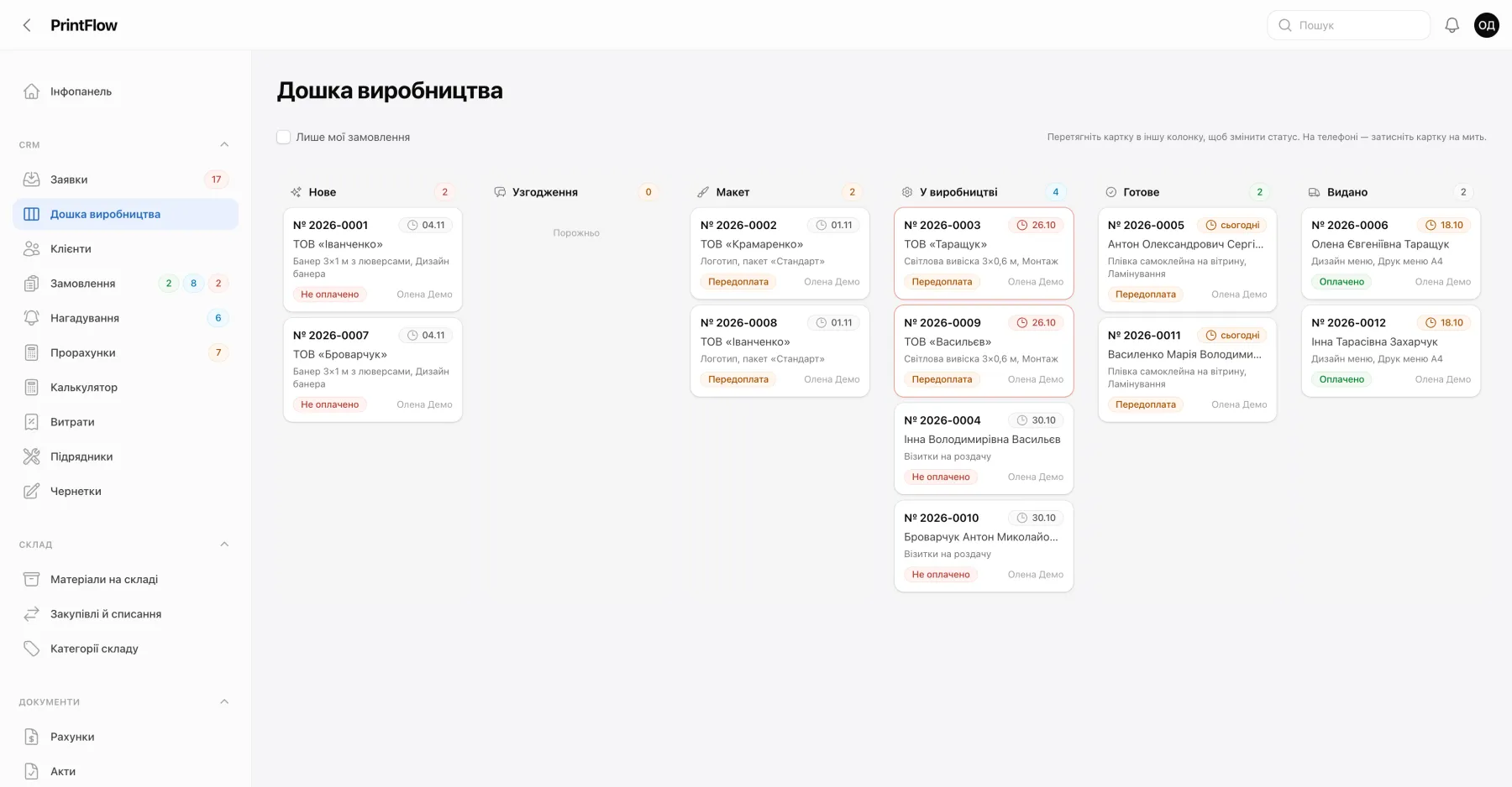 Výrobní nástěnka PrintFlow se sloupci Nová, Schvalování, Grafika, Ve výrobě, Hotovo